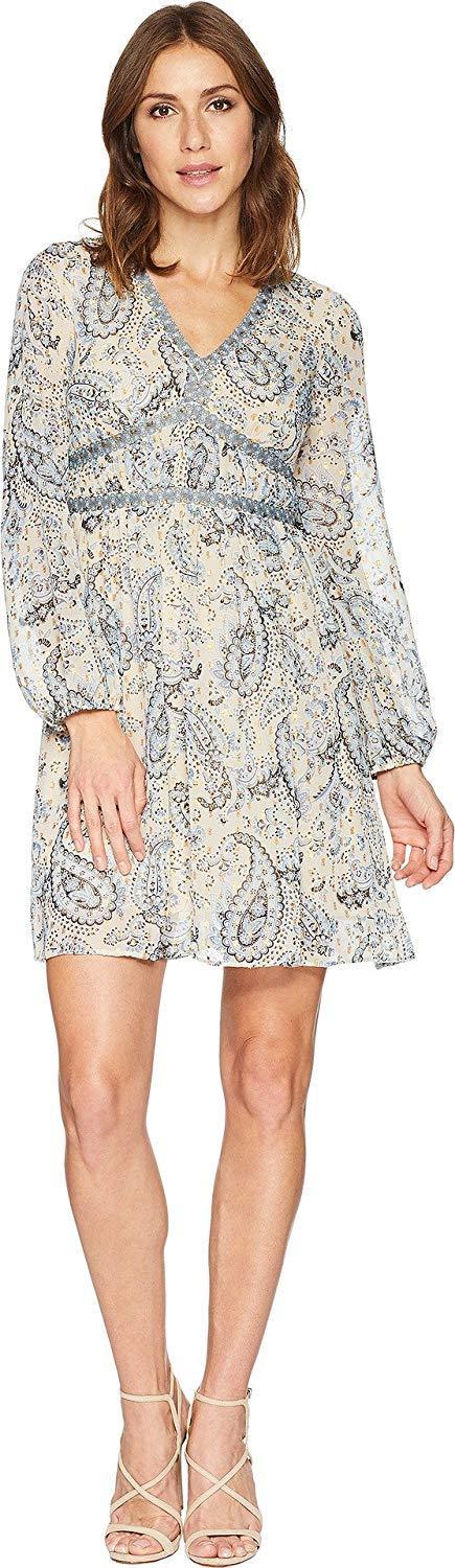 Taylor - 9540M Long Bishop Sleeve Paisley Print Dress In Blue and Print