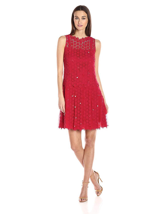 Elie Tahari - E41VA607 Embellished Crochet A-line Dress In Red