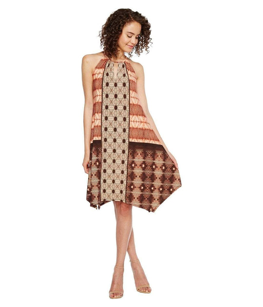 London Times - T2624M Batik Patchwork Scarf Dress in Brown