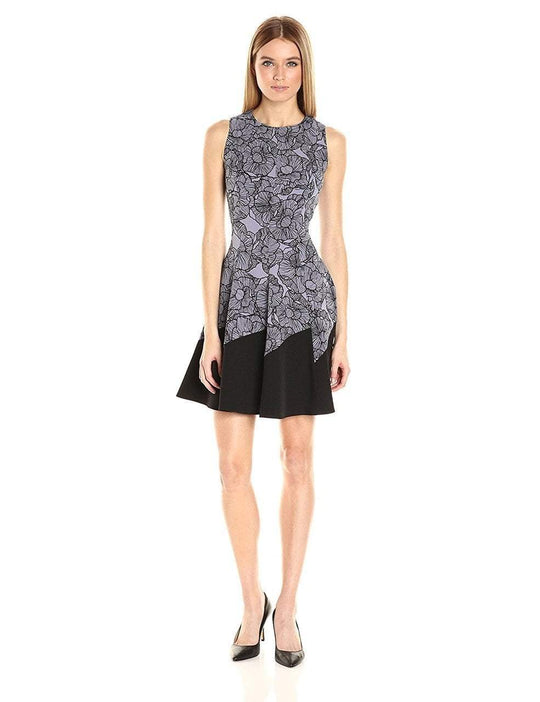 Anne Klein  - 10632214 Floral Print Crepe Cocktail Dress in Gray and Black