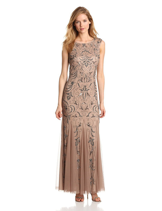 Adrianna Papell - Beaded Bateau Neck Sheath Dress 91880660 in Brown