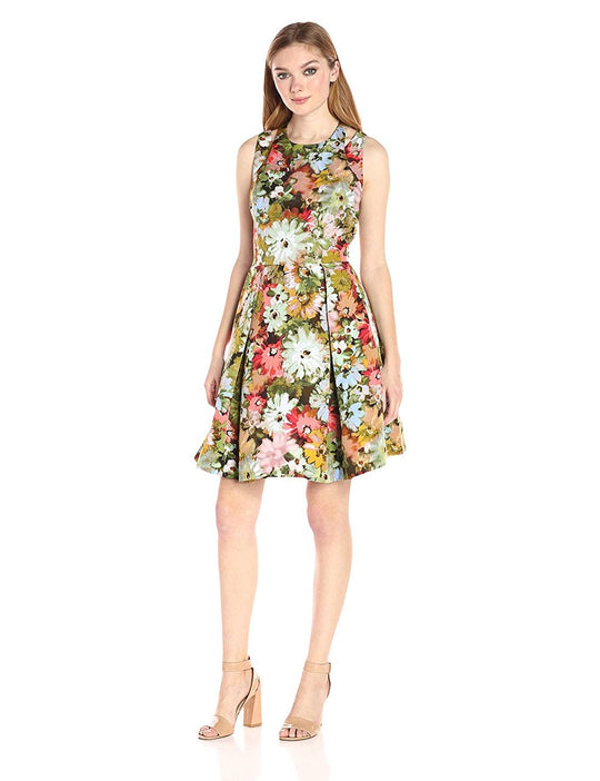 Taylor - 8765M Sleeveless Jewel Neck Floral Pleated Cocktail Dress in Floral and Multi-Color
