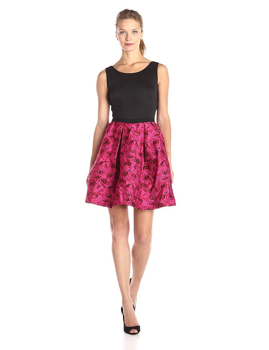 Taylor - Scoop Neck Floral Short Dress 5814M in Black and Floral