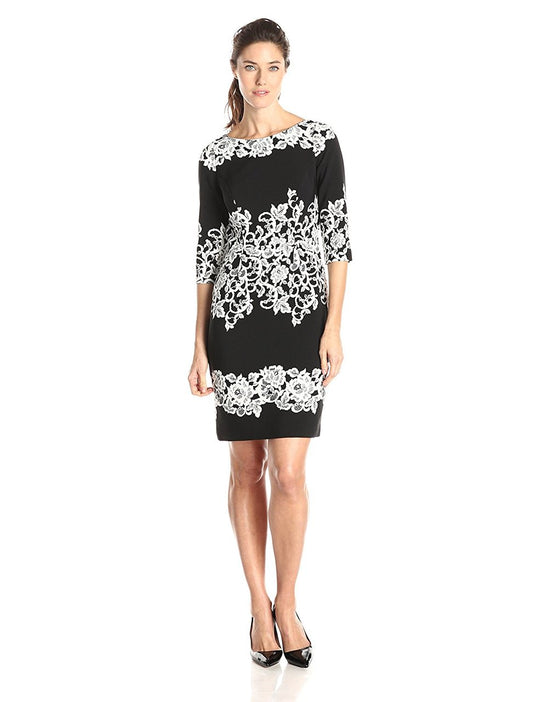 Adrianna Papell - 11229640 Floral Print Bateau Sheath Dress in Black
