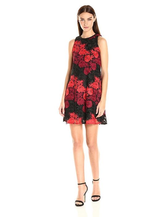 Taylor - 8542MP Floral Lace A-Line Dress in Red and Black