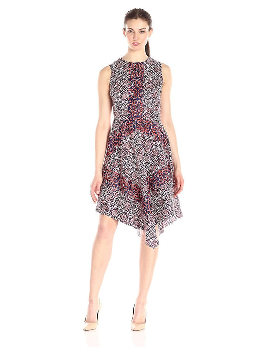 Donna Morgan - D4064M Print Asymmetrical Hem Dress in Red and Multi-Color
