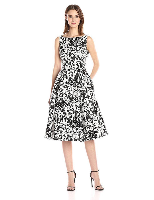 Adrianna Papell - 191929200 Swirl Print Tea Length Dress in White and Black