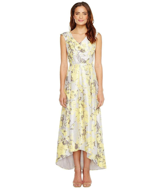 Sangria - SBHW964 Cap Sleeve Floral Shantung Dress in Yellow and Floral