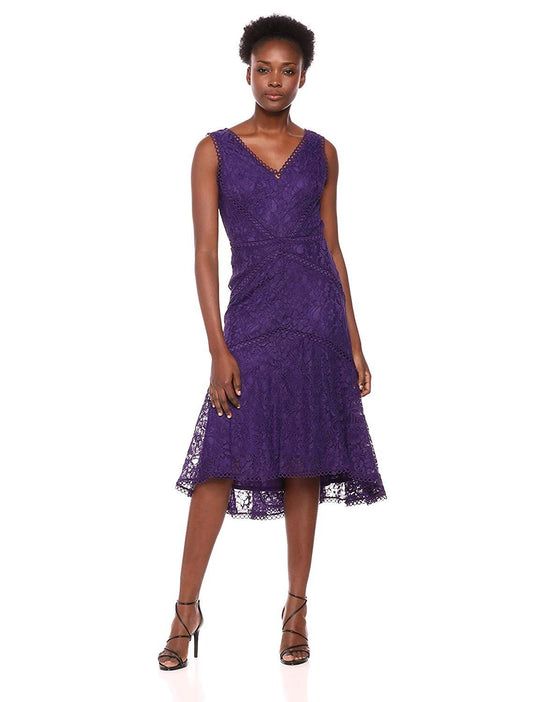 Taylor - 1144M Sleeveless Loops Trimmed V Neck Hi-Lo Hem Lace Dress In Purple