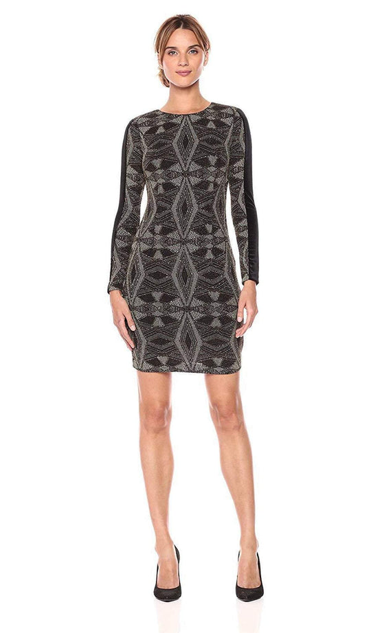 Aidan Mattox - MN1E201513 Metallic Jewel Long Sleeves Cocktail Dress In Black and Gold