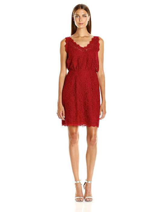 Adrianna Papell - 41916390 Sleeveless V Neck Lace Floral Dress in Red