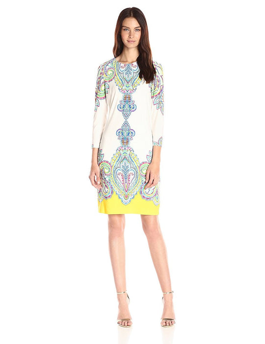 Donna Morgan - D4029M Jewel Neck Column Dress in Yellow and Multi-color