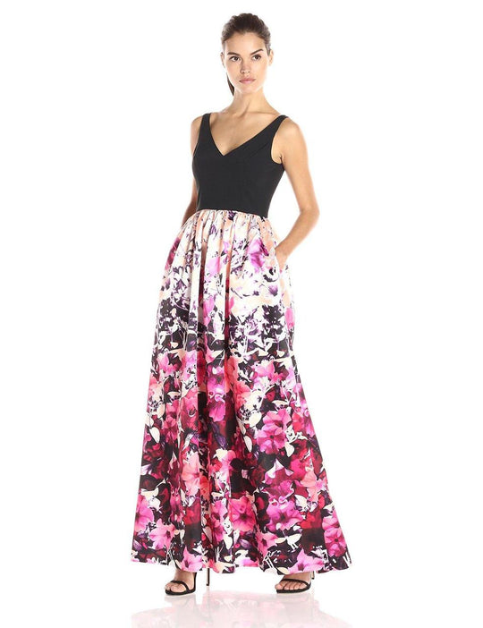Adrianna Papell - V-Neckline Printed Mikado Long Dress 91923600 in Pink and Multi-Color