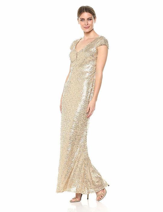 Emma Street - 1111279 Cap Sleeve Sequined Scoop Neck Sheath Gown in Gold