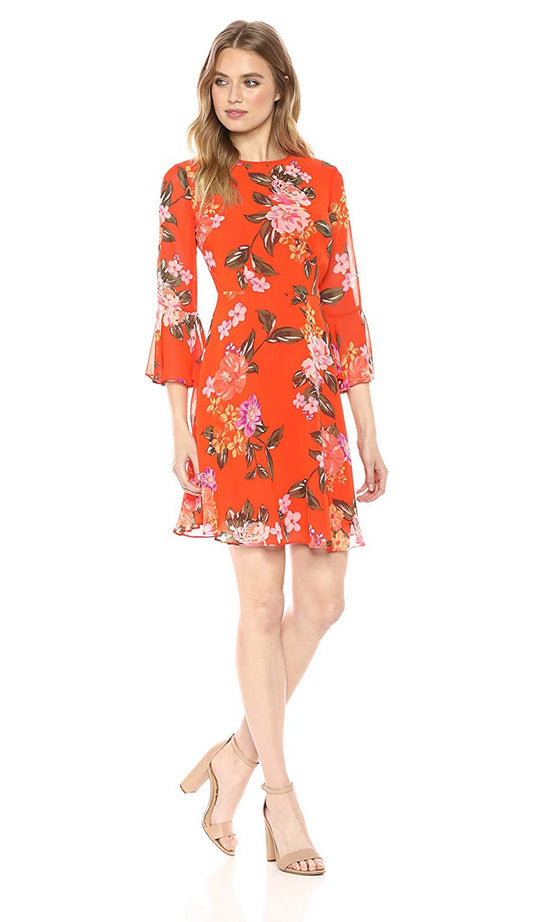 Donna Morgan - D6271M XD Floral Print Jewel Neck Chiffon A-line Dress In Orange and Purple