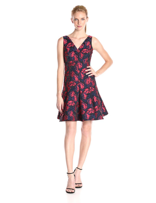 Maggy London - G2562M V-Neck Floral Print Cocktail Dress in Red and Blue