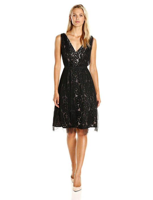 Adrianna Papell - Lace V-Neck Dress AP1D100192 in Black and Pink