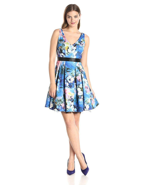 Adrianna Papell - 231M65660 Floral Scuba A-Line Dress in Blue and Multi-Color