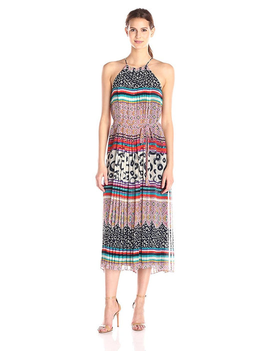 Donna Morgan - D4075M Printed Chiffon Pleated Midi Dress in Blue and Multi-Color