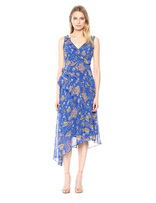 Taylor - 9791M Floral Flutter Paneled Asymmetrical Hem Dress In Blue and Print