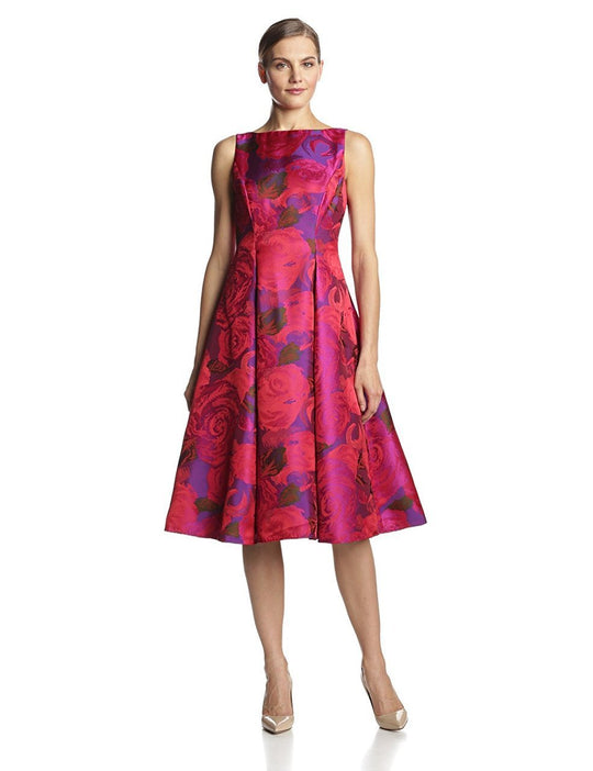 Adrianna Papell - 41889270 Tea-Length Jacquard Floral Print Dress in Pink and Floral