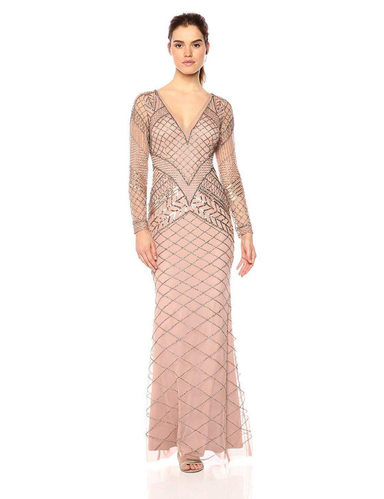 Adrianna Papell - AP1E202429 Beaded Long Sleeves V Neck Evening Gown In Pink and Gold