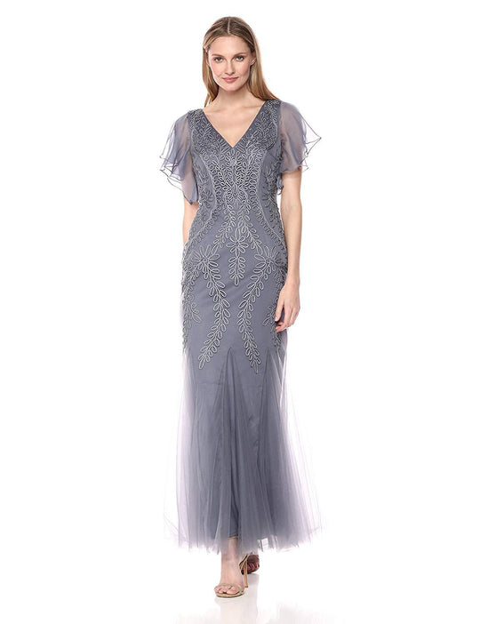 Cachet - 58773 Sheer Flutter Sleeve Soutache Detailed Gown In Gray