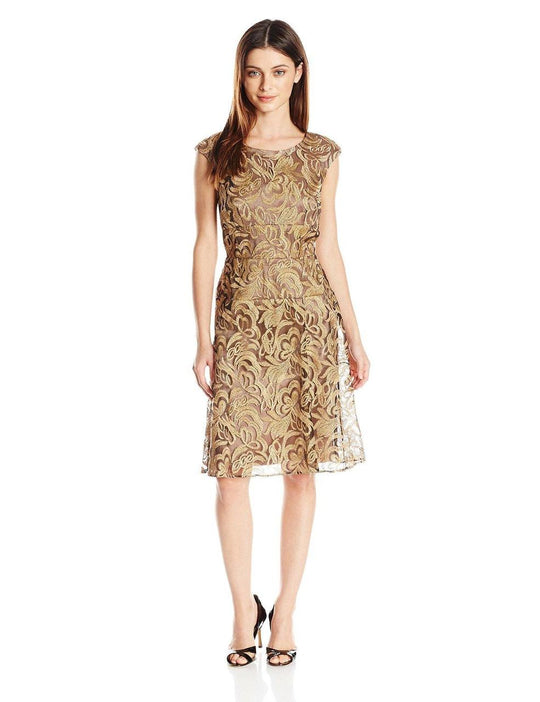 Alex Evenings - 117206 Floral Embroidered Bateau A-line Dress in Brown