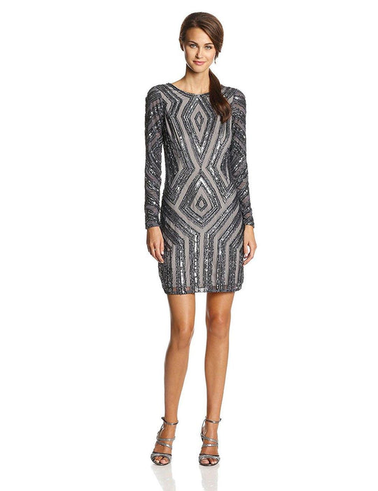 Adrianna Papell - 41897390 Sequined Long Sleeves Sheath Cocktail Dress in Gray