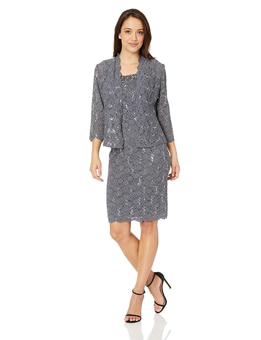 Alex Evenings - 81122096 Knee Length Scoop Lace Dress with Jacket In Gray