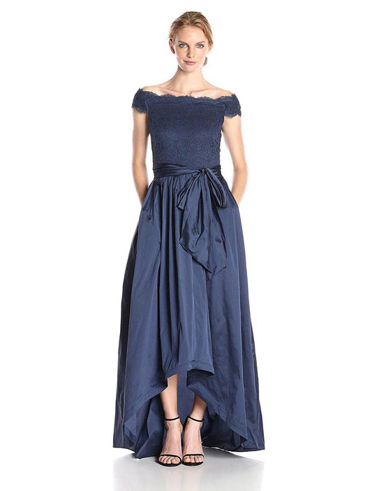 Adrianna Papell - Off-Shoulder Pleated High Low Dress AP1E200065 in Blue