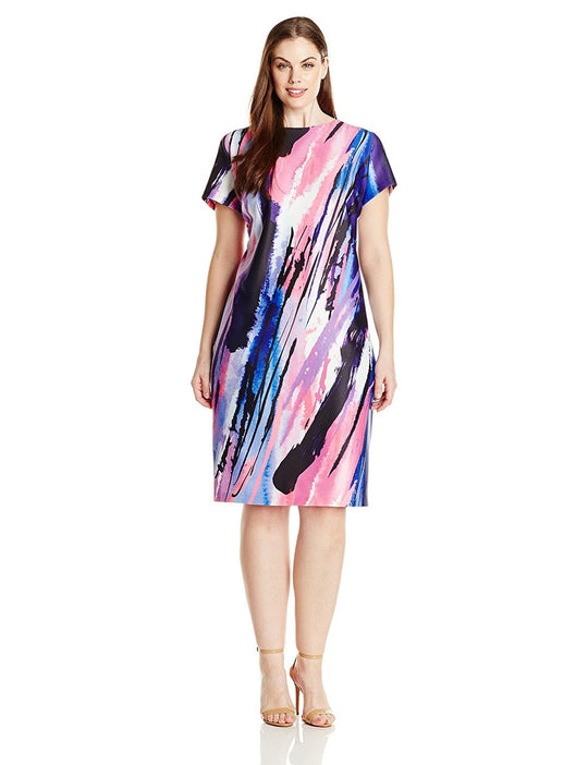 Donna Ricco - DR22137JP Paint Stroke Sheath Dress in Purple and Multi-Color