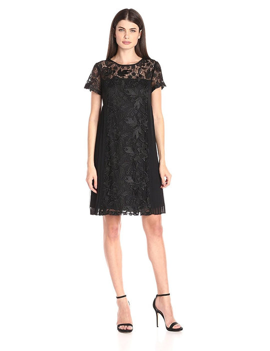Adrianna Papell - 13262240 Lace Jewel Neck A-Line Dress in Black