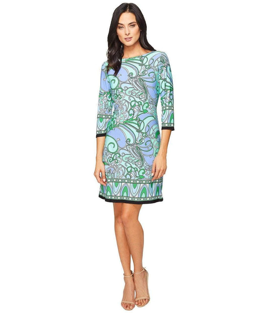 London Times - T2596MNR Quarter Sleeve Scroll Print Dress in Green and Purple
