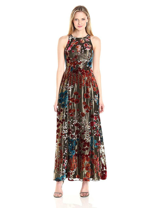 Aidan Mattox - Halter Neckline Floral Print Long Dress MN1E200577 in Gold and Floral