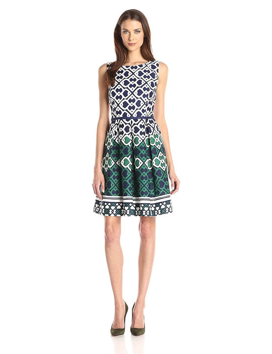 Taylor - 8061M Sleeveless Bateau Printed A-Line Cocktail Dress in Blue