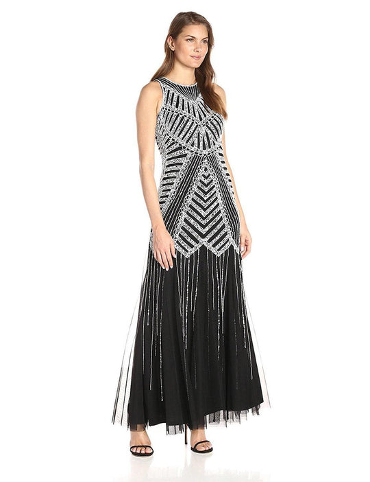 Adrianna Papell - Halter Neckline Sequined Mesh Long Dress 91928790 in Black and White