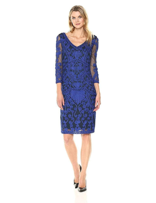 JS Collection - 865802 Illusion Sleeve Soutache Embroidered Dress in Blue