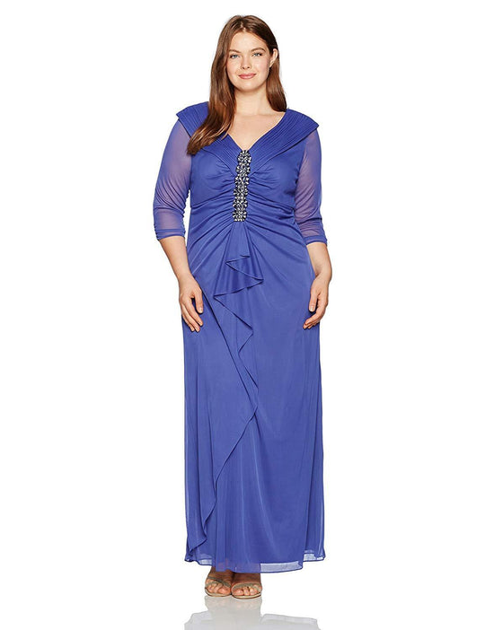 Alex Evenings - 432858 Front Ruched Embellished Quarter Length Sleeve Dress - 1 Pc. Iris in size 16W Available