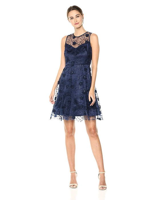 Taylor - 9711M Embroidered Floral Appliqued Short Dress In Blue