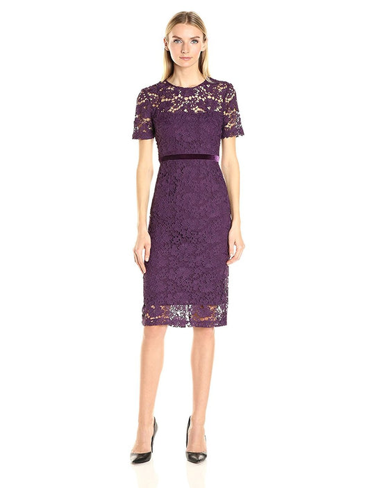Donna Morgan - D4858M Short Sleeve Floral Lace Dress in Purple
