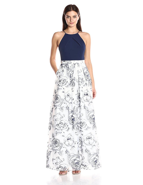 Aidan Mattox - 151A13240 Halter Floral Lace A Line Long Dress in White and Blue