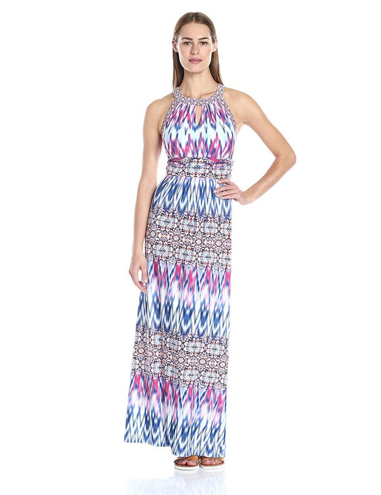 London Times - L1827M Printed Halter Jersey Sheath Dress in Multi-Color