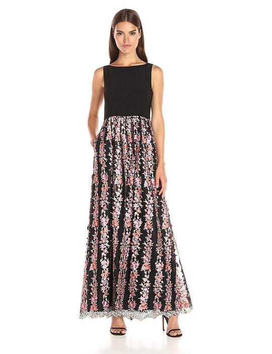 Adrianna Papell - 91929440 Embroidered Floral Mesh Dress in Black and Multi-Color
