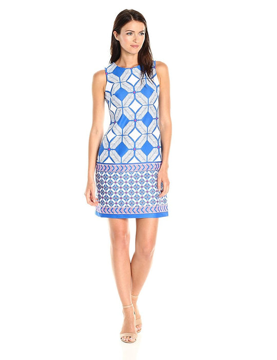 Taylor - 9175MJ Geo-Print Scuba Dress in Blue and Pink