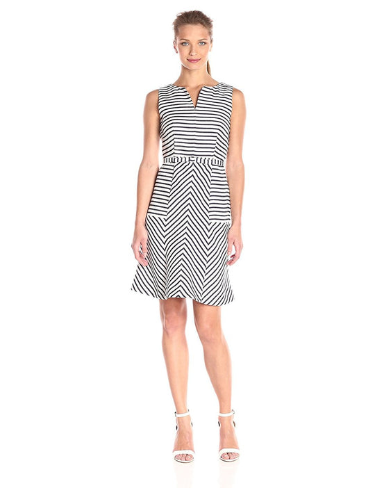 Taylor - 8015M Split Neck Stripe Dress in Blue and White