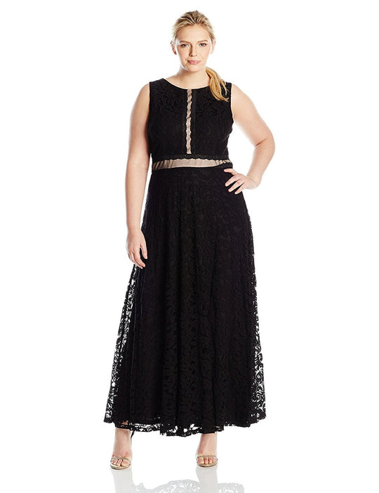 London Times - L1599W Scoop Neck Lace Evening Dress in Black