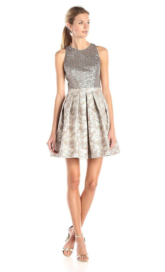 Aidan Mattox - 151A11550 Sequined Jewel Neck Pleated A Line Dress in Neutral