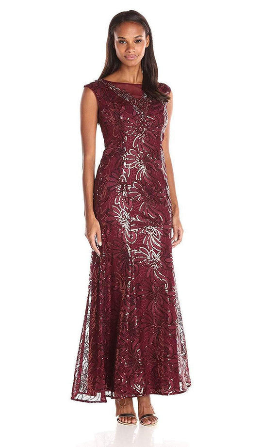 Ignite Evenings - 3399 Cap Sleeve Floral Sequined Mermaid Gown In Red
