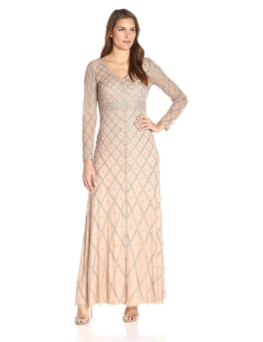 Adrianna Papell - Long Sleeves V Neck Long Dress 91929570 in Neutral